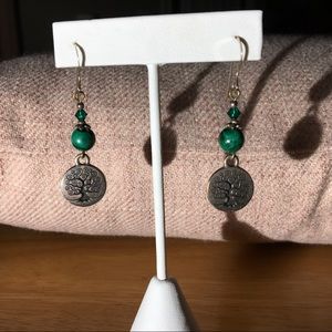 Tree of Life drop earrings with  green beads